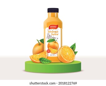 Realistic Detailed 3d Orange Juice Plastic Bottle or Glass Bottle on a Green Pedestal Podium with Whole and Pieces Citrus Fruit. Vector illustration