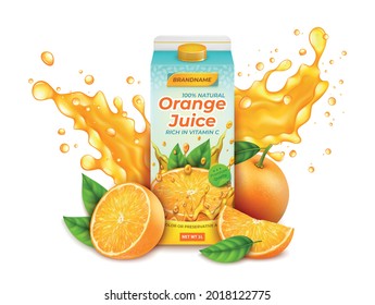 Realistic Detailed 3d Orange Juice Pack with Citrus Fruit and Splash. Vector illustration of Citrus Carton Package Box svg