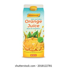 Realistic Detailed 3d Orange Juice Pack Isolated on a White Background. Vector illustration of Packaging Beverage Citrus Fruit