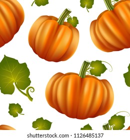 Realistic Detailed 3d Orange Pumpkins Seamless Pattern Background on a White Autumn Vegetable, Season Harvest Symbol of Halloween Celebration. Vector illustration of Pumpkin