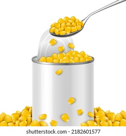 Realistic Detailed 3d Organic Canned Corn Empty Blank Template. Vector illustration of Maize Grains Tin Can