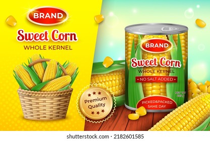 Realistic Detailed 3d Organic Canned Corn Ads Banner Concept Poster Card with Delicious Maize. Vector illustration