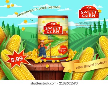 Realistic Detailed 3d Organic Canned Sweet Corn Ads Banner Concept Poster Cardon Green Field Background. Vector illustration svg