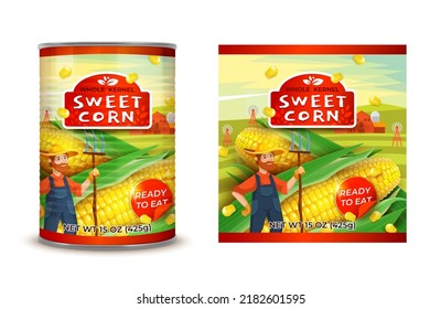 Realistic Detailed 3d Organic Canned Corn with Label Set. Vector illustration of Tin Can Maize Preserve