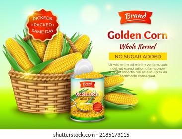 Realistic Detailed 3d Organic Canned Corn Ads Banner Concept Poster Card for Marketing and Promotion. Vector illustration