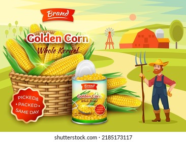 Realistic Detailed 3d Organic Canned Corn Ads Banner Concept Poster Card Farming Concept. Vector illustration of Maize