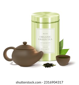 Realistic Detailed 3d Organic Green Tea Metal Tin, Teapot and Cup Set Isolated on a White Background. Vector illustration