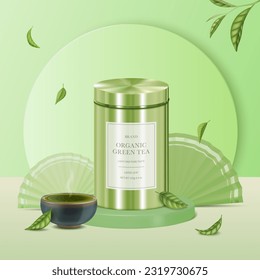 Realistic Detailed 3d Organic Green Tea Concept Background with Metal Tin Mockup and Paper Folding Hand Fans. Vector illustration