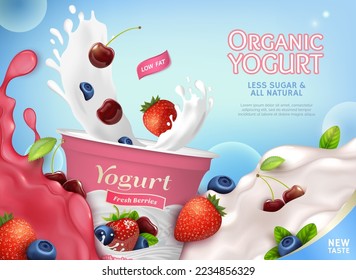 Realistic Detailed 3d Organic Yogurt Fresh Berries Less Sugar and All Natural Ads Banner Concept Poster Card. Vector illustration of Yoghurt