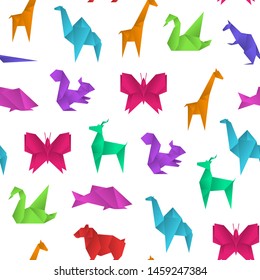 Realistic Detailed 3d Origami Paper Animals Seamless Pattern Background on a White Include of Crane, Butterfly, Swan and Giraffe. Vector illustration of Asian Hobby