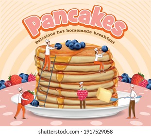 Realistic Detailed 3d Pancake Mix Banner Ads with Cartoon Characters Tiny People with Berry. Vector illustration