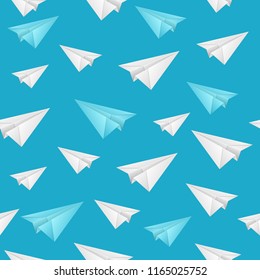 Realistic Detailed 3d Paper Aircraft Seamless Pattern Background on a Blue for Web and App. Vector illustration of Origami Toy