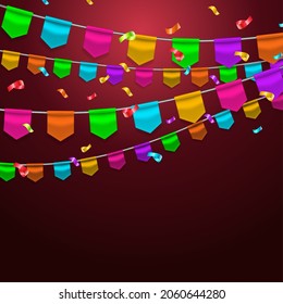 Realistic Detailed 3d Party Buntings Garlands Flags And Confetti On A Background For Birthday Or Event. Vector Illustration