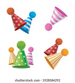 Realistic Detailed 3d Party Hat with Fluffy Balls Pompons Set Anniversary or Carnival Concept. Vector illustration