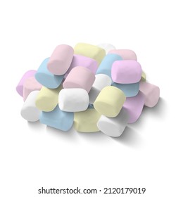 Marshmallow de color pastel 3d detallado realista aislado en un fondo blanco. Ilustración vectorial del malvavisco de postre dulce suave