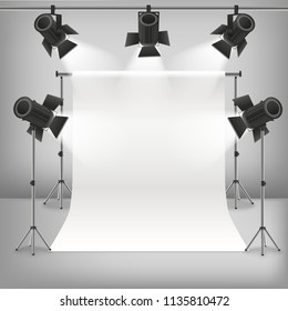 Realistic Detailed 3d Photo Studio and Equipments Include of Spotlight and Lamp. Vector illustration of Professional Interior