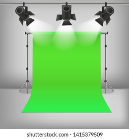 Realistic Detailed 3d Photo Studio and Equipments Include of Green Backdrop and Lamp. Vector illustration of Professional Interior
