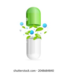 Realistic Detailed 3d Pill With Green Leaf and Blue Spheres Alternative Medicine Concept. Vector illustration of Herbal Capsule