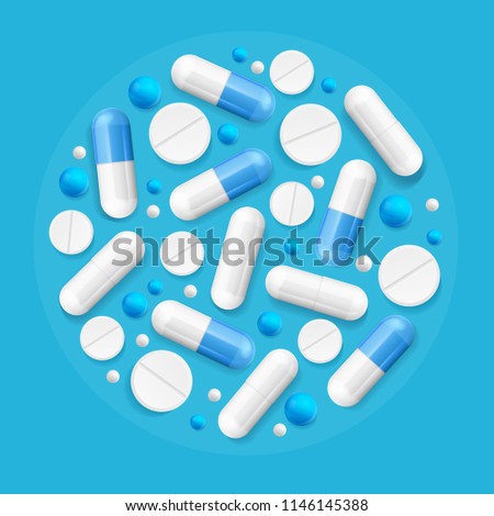 Realistic Detailed 3d Pills and Tablets Round Design Template Concept on a Blue Elements of Therapy. Vector illustration