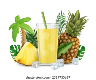 Realistischer, detaillierter 3D-Ananas Fresh Juice Sommerzeit Concept Hintergrund. Vektorgrafik von Fruit Summer Cocktail Drink