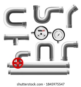 Elementos de oleoducto 3d realistas para agua, gas, petróleo o canalización. Ilustración vectorial de la tubería
