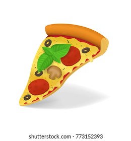 Realistic Detailed 3d Pizza Slice Italian Fast Food with Pepperoni Tomato and Mushroom Traditional Snack for Menu Restaurant. Vector illustration