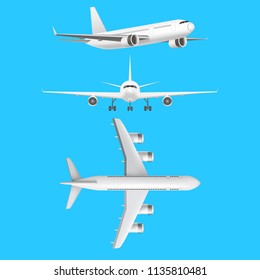 Realistic Detailed 3d Plane Set on a Blue Background Different View. Vector illustration of Jet or Airliner