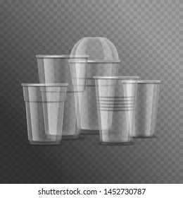 Realistic Detailed 3d Plastic Cups Pile Template Mockup Set on a Transparent Background for Coffee, Tea and Drink. Vector illustration