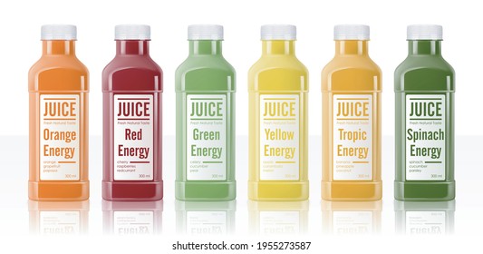 Realistic Detailed 3d Plastic Juice Bottle Set. Vector