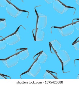 Realistic Detailed 3d Plastic Safety Glasses Seamless Pattern Background Transparent Glass Protective Equipment for Work Industry Construction. Vector illustration of Accessory