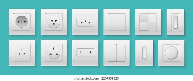 Realistic Detailed 3d Plastic Wall Switch and Power Electrical Socket for Household Appliance Set. Vector illustration