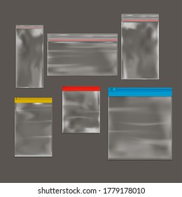 Realistic Detailed 3d Plastic Zip Bags Set Different Size. Vector illustration of Polythene Bag with Zipper