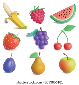 Realistic Detailed 3d Plasticine Fruit and Berry Set Include of Cherry, Strawberry, Apple, Raspberry, Banana and Pear. Vector illustration