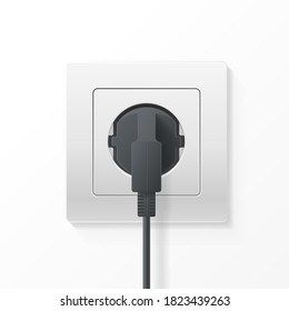 Realistic Detailed 3d Plug inserted in Electrical Outlet Electricity Concept. Vector illustration of White Socket on Wall