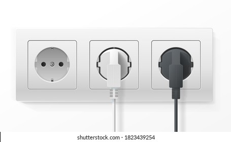 Realistic Detailed 3d Plugs inserted in Electrical Outlet Set Isolated on a White Background. Vector illustration of Socket