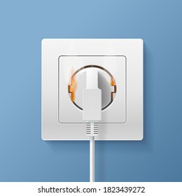 Realistic Detailed 3d Plugs inserted in Electrical Outlet with Fire Symbol of Damage on a Blue Background. Vector illustration