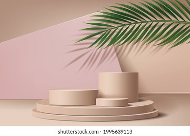 Realistic Detailed 3d Podium Minimal on Stage Set with Green Palm Branch Leaf for Advertising. Vector illustration