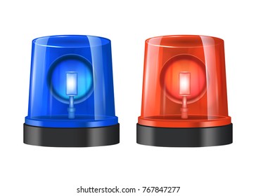 Realistic Detailed 3d Police Lights Beacon Flashing Red and Blue Set Isolated on White Background. Vector illustration of Sirens