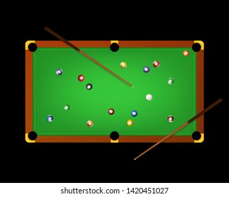Realistic Detailed 3d Pool Billiard Green Table and Equipments Top View on a Dark Symbol of Competition, Game, Sport or Leisure. Vector illustration