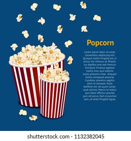 Realistic Detailed 3d Popcorn Snack in Striped Bucket Card Cinema Movie Fast Food. Vector illustration