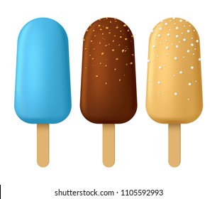 Realistic Detailed 3d Popsicle Ice Creams Set Sweet Cold Summer Dessert Food. Vector illustration of Chocolate and Vanilla Icecream