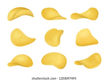 Realistic Detailed 3d Potato Chips Set Different View Snack Food Unhealthy Tasty Nosh. Vector illustration of Crispy Chip