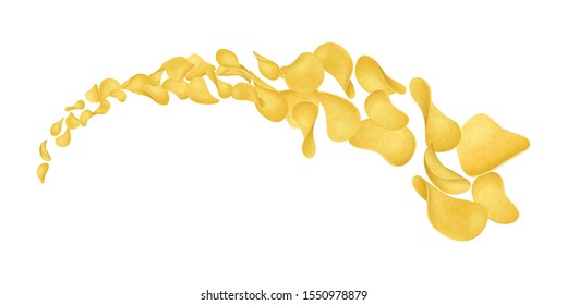 Realistic Detailed 3d Potato Chips Stream Different View Snack Food Unhealthy Tasty Nosh. Vector illustration of Crispy Chip