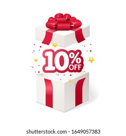 Realistic Detailed 3d Present Box Open with Shiny Red Ribbon. Vector illustration of Season Sale Concept