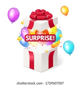 Realistic Detailed 3d Present Box Open with Color Balloons Symbol of Birthday Celebration. Vector illustration of Surprise Concept