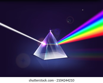 Realistic Detailed 3d Prism Light Spectrum . Vector illustration of Glass Pyramid Refraction of Light Rays on a Dark