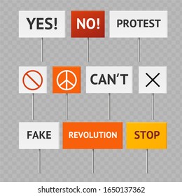 Realistic Detailed 3d Protest Banner Set on a Transparent Background. Vector illustration of Different Type Signs