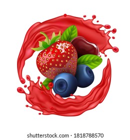 Realistic Detailed 3d Raw Berries with Splash Juice Include of Strawberry and Blueberry. Vector illustration of Berry Drink