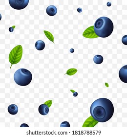 Realistic Detailed 3d Raw Blueberry Berries Seamless Pattern Background on a Transparent. Vector illustration of Berry