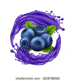 Realistic Detailed 3d Raw Blueberry Berries with Splash Juice on a White. Vector illustration of Blue Berry